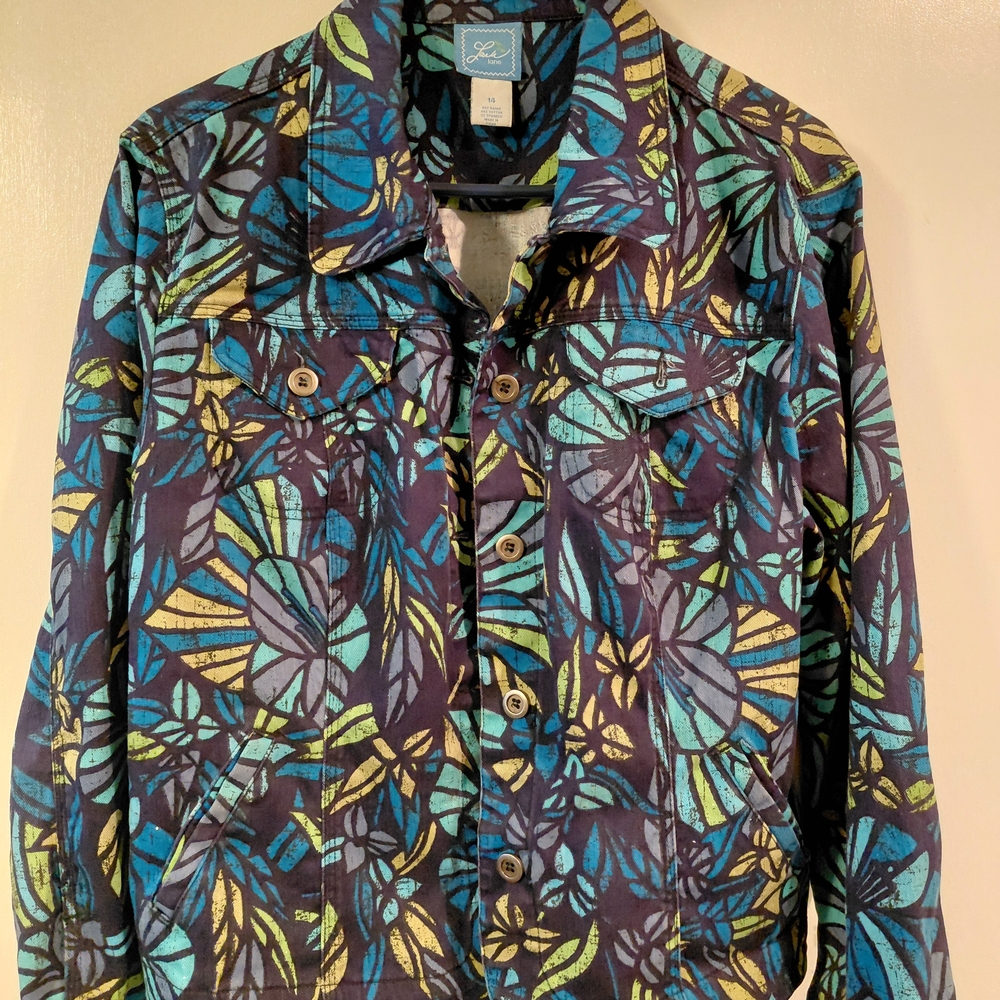 Jantzen Blue and Green Leaf Print Jean Jacket